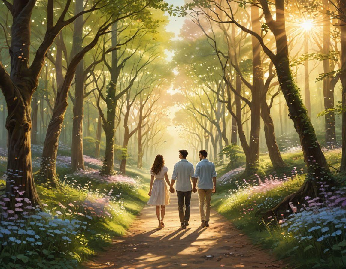 A serene landscape depicting a couple walking hand in hand through a blossoming forest, symbols of love and connection hovering around them like glowing hearts. In the background, a radiant sun breaks through the trees, casting a warm golden light on their journey. Subtle elements like intertwined vines and blooming flowers accentuate their bond while ethereal butterflies symbolize growth and joy. enchanting, soft colors. painting.
