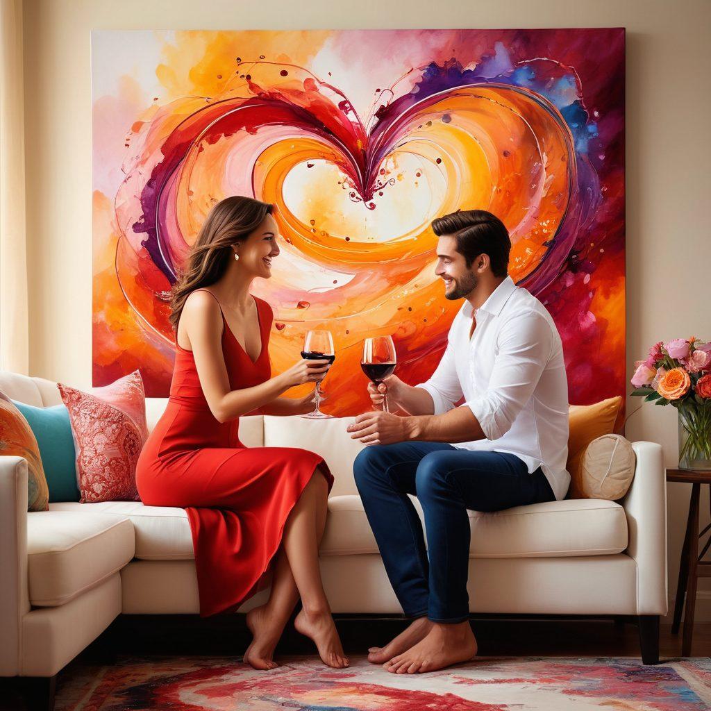 A warm and inviting scene of a couple in a cozy, softly lit living room, sharing a joyful moment while sipping wine. Fragrant flowers in a vase enhance the atmosphere, symbolizing intimacy and connection. Abstract representations of emotional happiness, like colorful swirls and heart shapes, float around them, illustrating the theme of pleasure in relationships. Oil painting style. Romantic and vibrant colors.