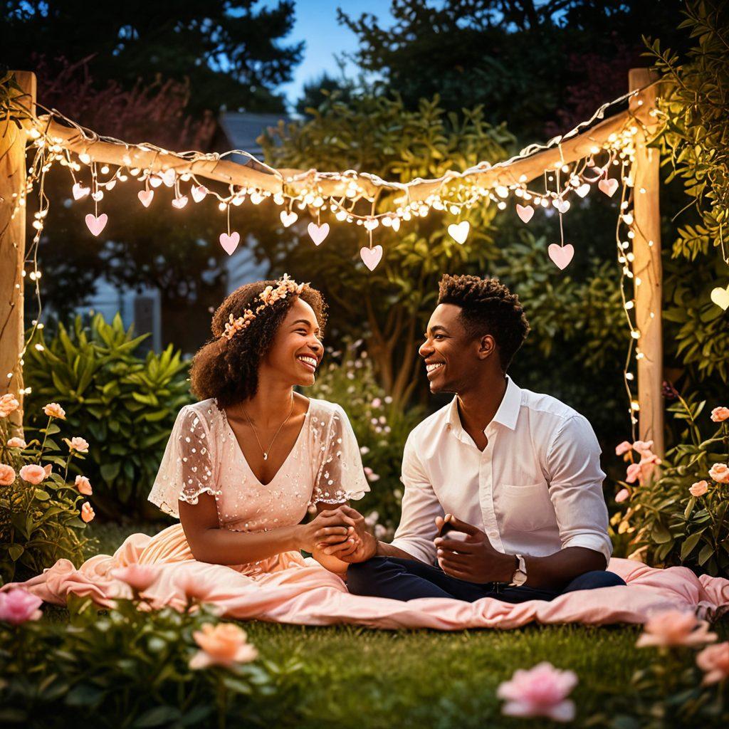 A serene, intimate setting with two diverse individuals sharing a moment of laughter and warmth, surrounded by soft, glowing fairy lights. Incorporate symbols of love and communication, like hearts and speech bubbles, intertwined with nature, such as blooming flowers or a peaceful garden. Include a vibrant sunset in the background to symbolize hope and new beginnings. super-realistic. vibrant colors. soft focus.
